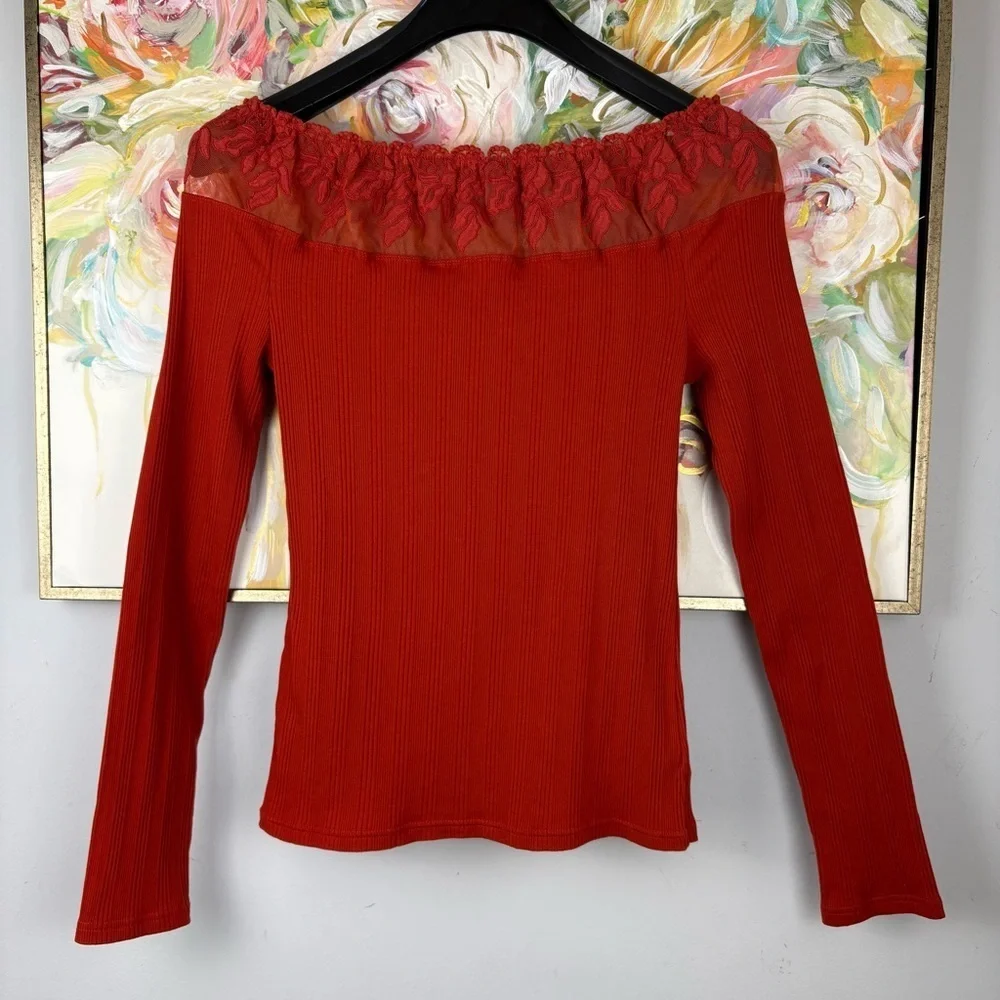 Free People Red Ribbed Lace Off Shoulder Long Sleeve Top Size L